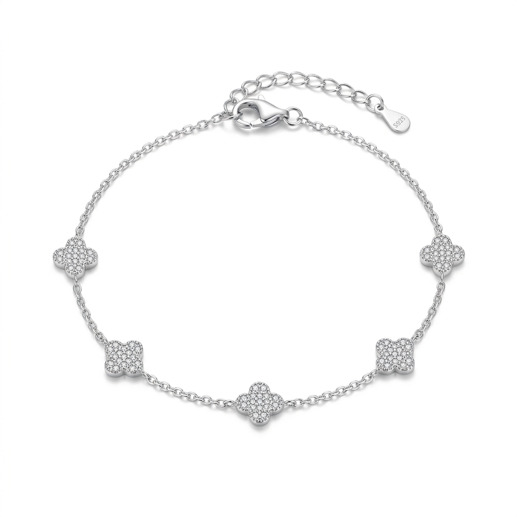 Pulsera Trébol Brillante de plata 925 con cinco tréboles de zircones transparentes