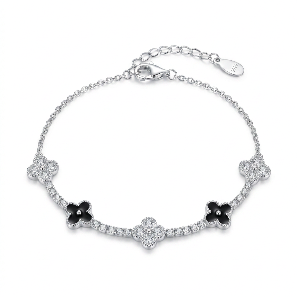 Pulsera Trébol Noir de plata 925 con detalles negros y zircones transparentes