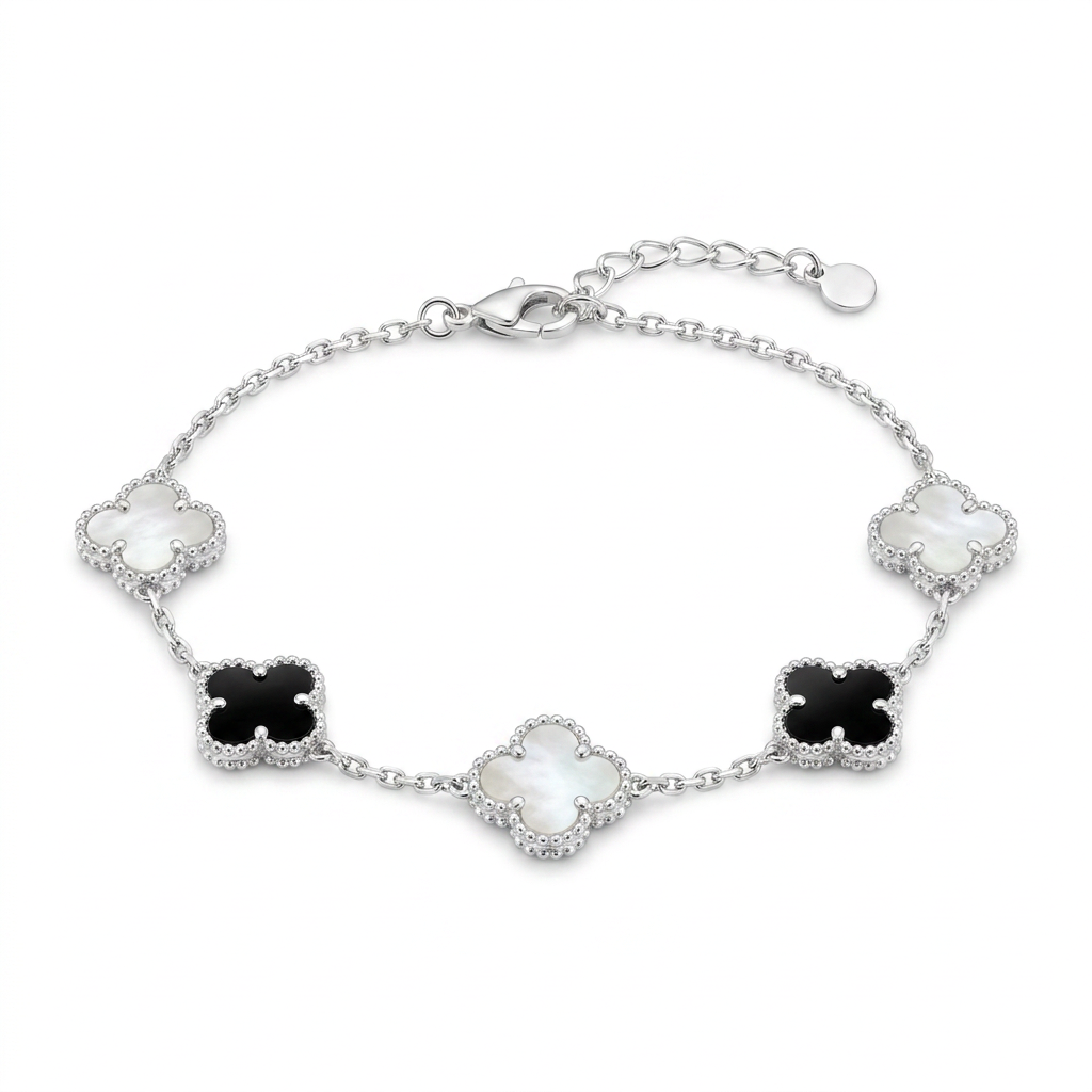 Pulsera Trébol Évora Duo de plata 925 con detalles blancos y negros
