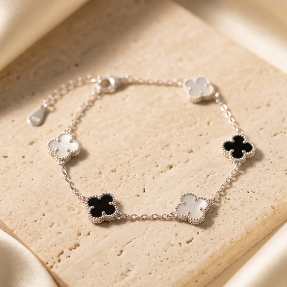 Pulsera Trébol Évora Duo de plata 925 con detalles blancos y negros