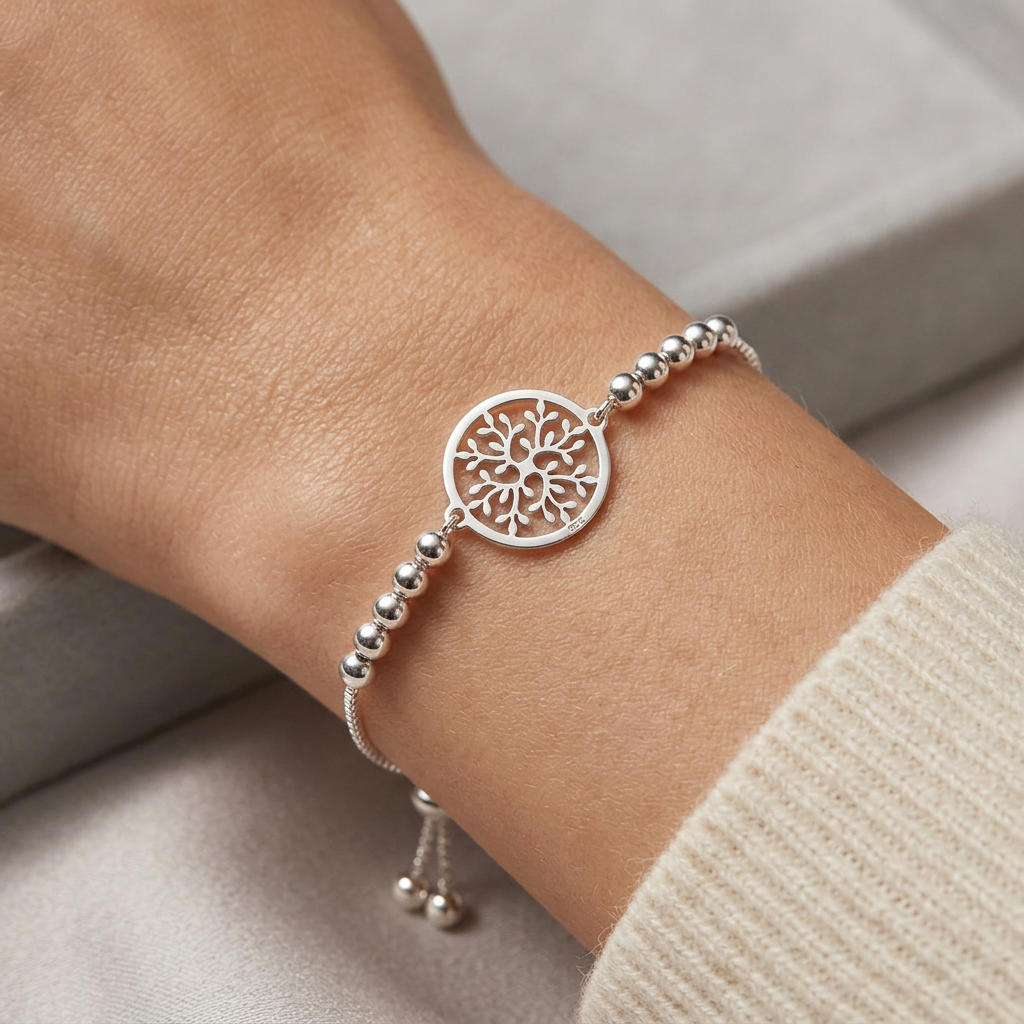 Pulsera ajustable de plata 925 con árbol de la vida sobre muñeca