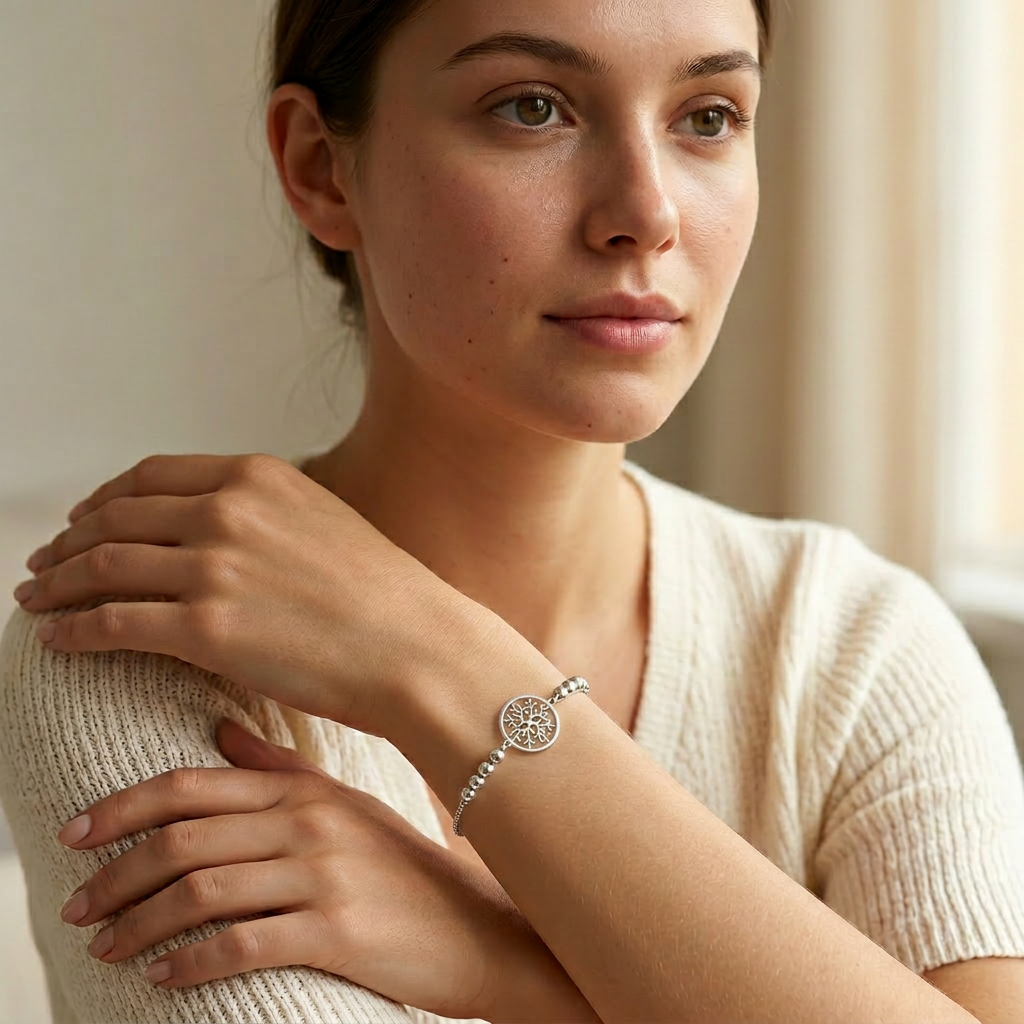 Pulsera ajustable de plata 925 con árbol de la vida sobre muñeca