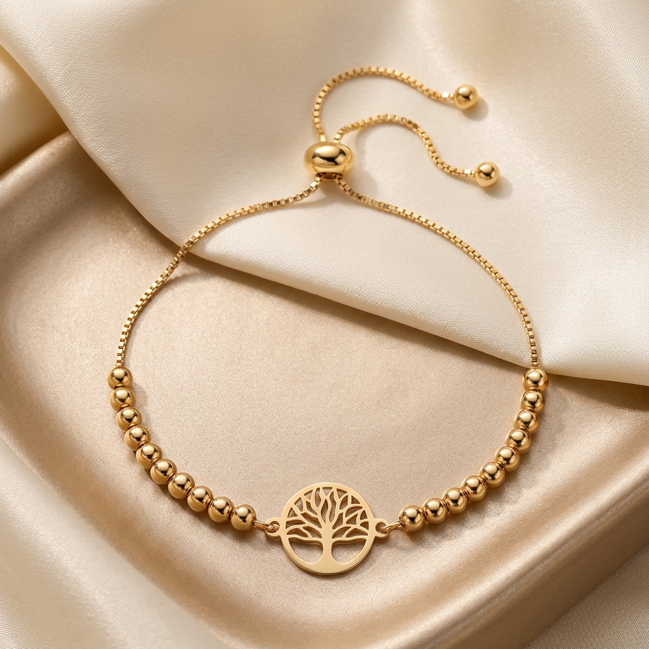 pulsera ajustable de plata 925 bañada en oro de 18K con dije de árbol de la vida de 1 cm y 10 bolitas laterales