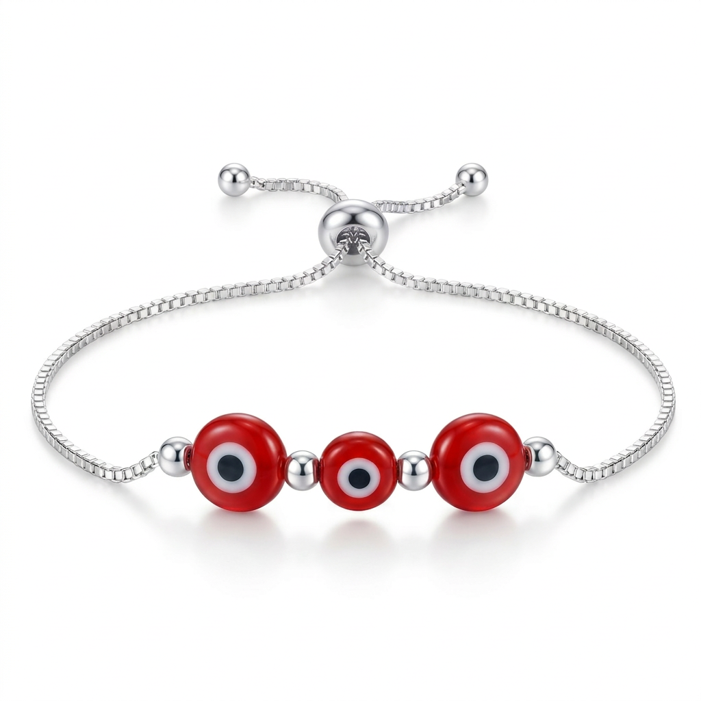 Pulsera ojo turco rojo ajustable en plata 925 con detalles plateados