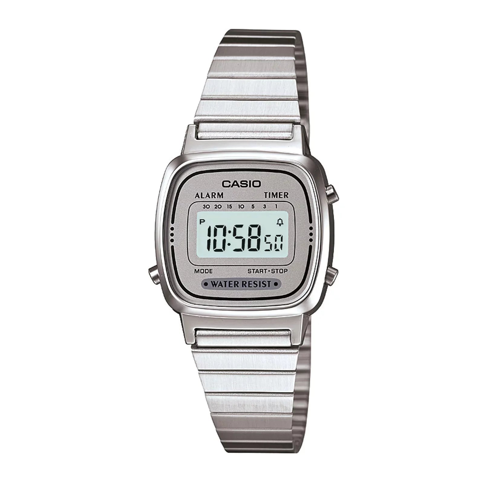 Reloj Casio Vintage LA670WA-7 digital plateado con correa de acero inoxidable
