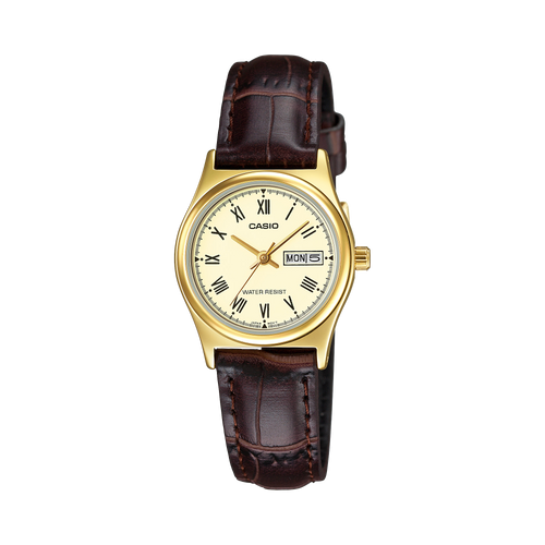 Reloj Casio LTP-V006GL-9B para mujer con correa de cuero marrón y caja dorada