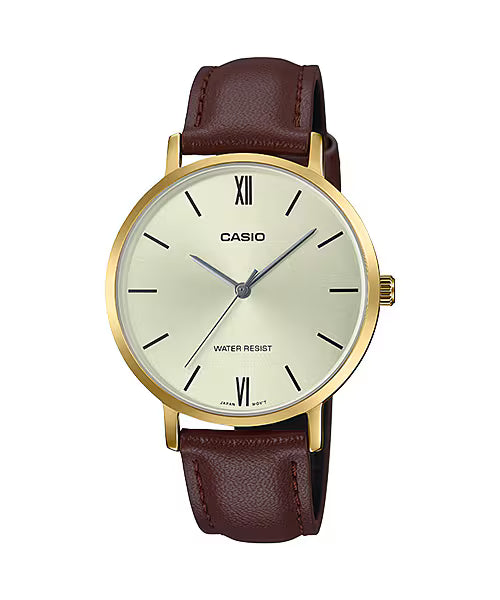 Reloj Casio LTP-VT01GL-9B para mujer con correa marrón de cuero y caja dorada