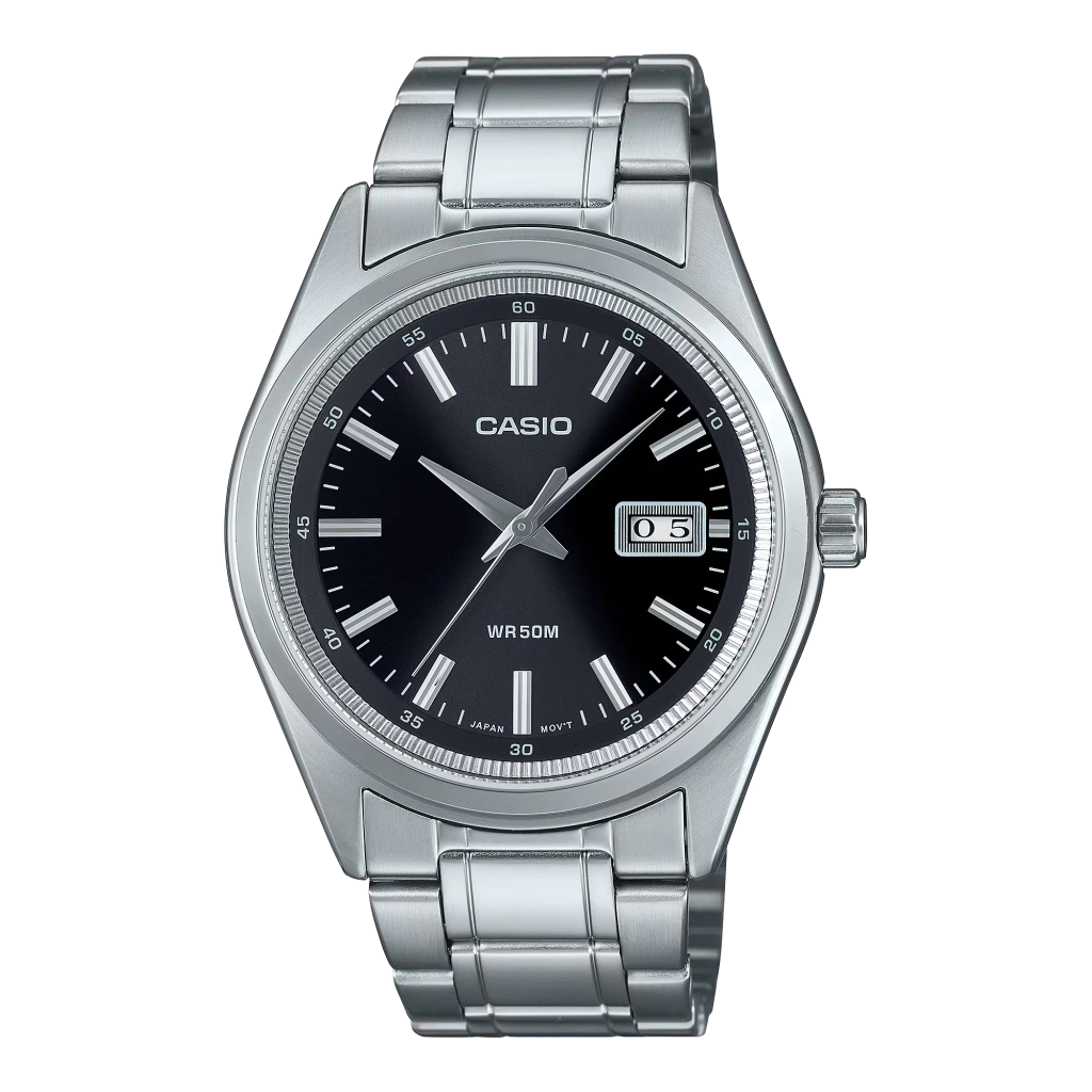 Reloj Casio MTP-B180D-1A1 plateado para hombre con esfera negra y correa de acero inoxidable