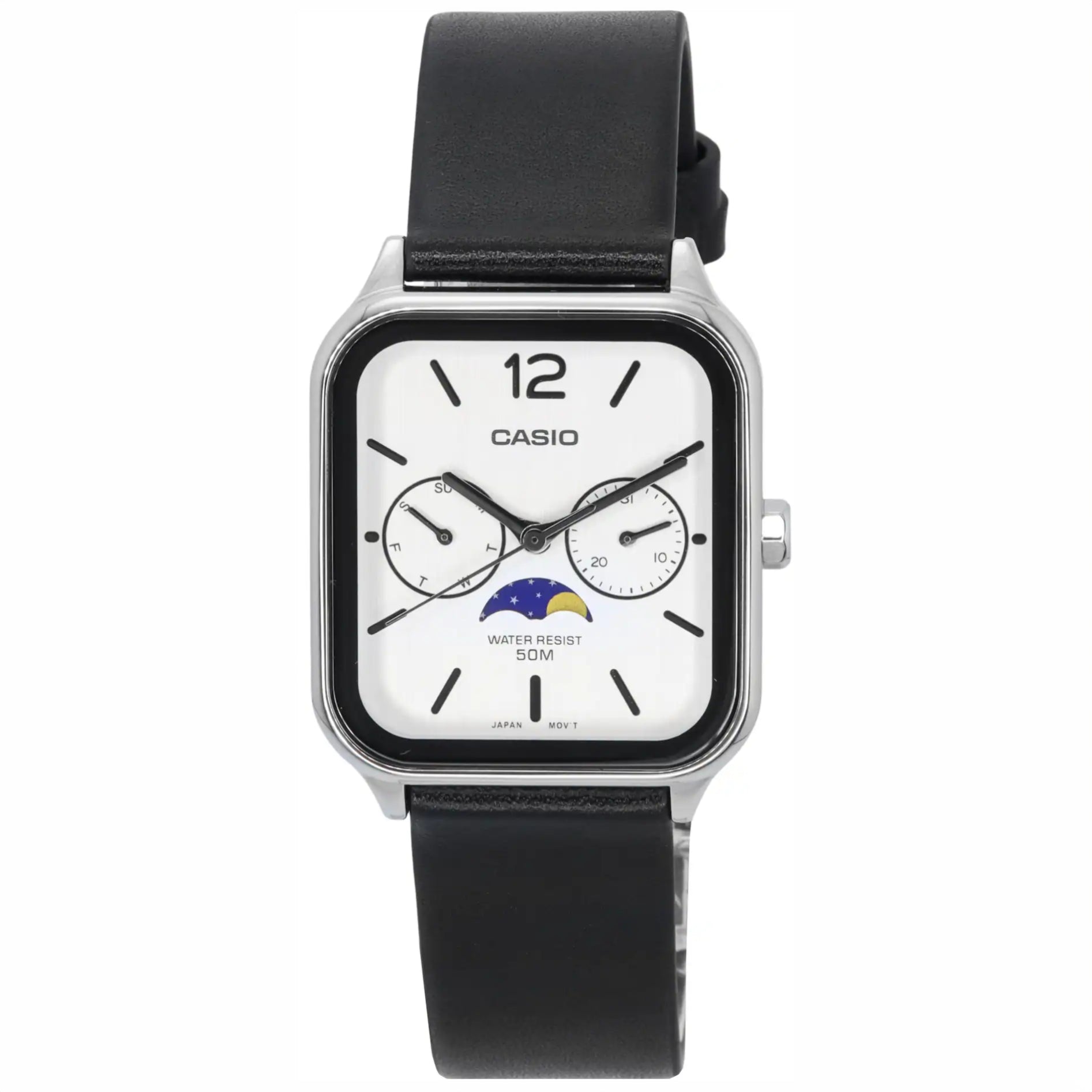 Reloj Casio MTP-M305L-7A Moon Phase para hombre con correa de cuero negro y esfera clara