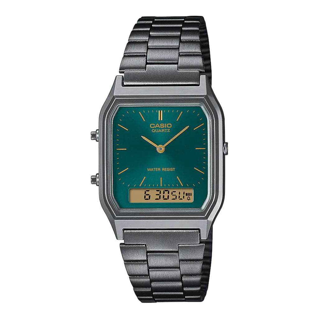 Reloj Casio Vintage AQ-230EGG-3ADF análogo-digital unisex con esfera verde y correa oscura