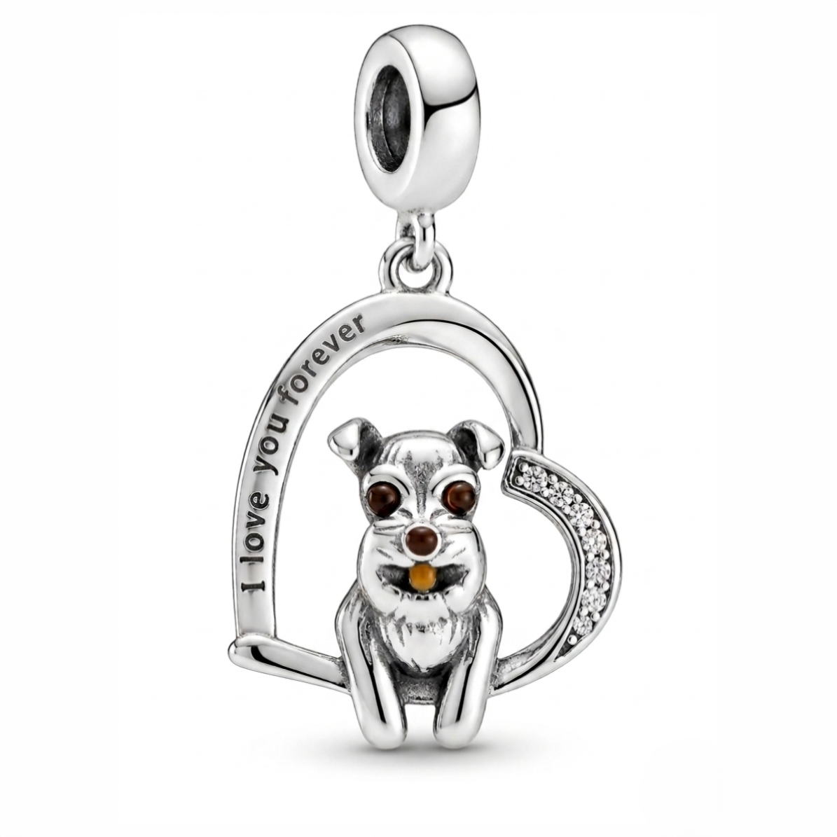 Charm Schnauzer Forever de plata 925 con corazón y frase grabada I love you forever