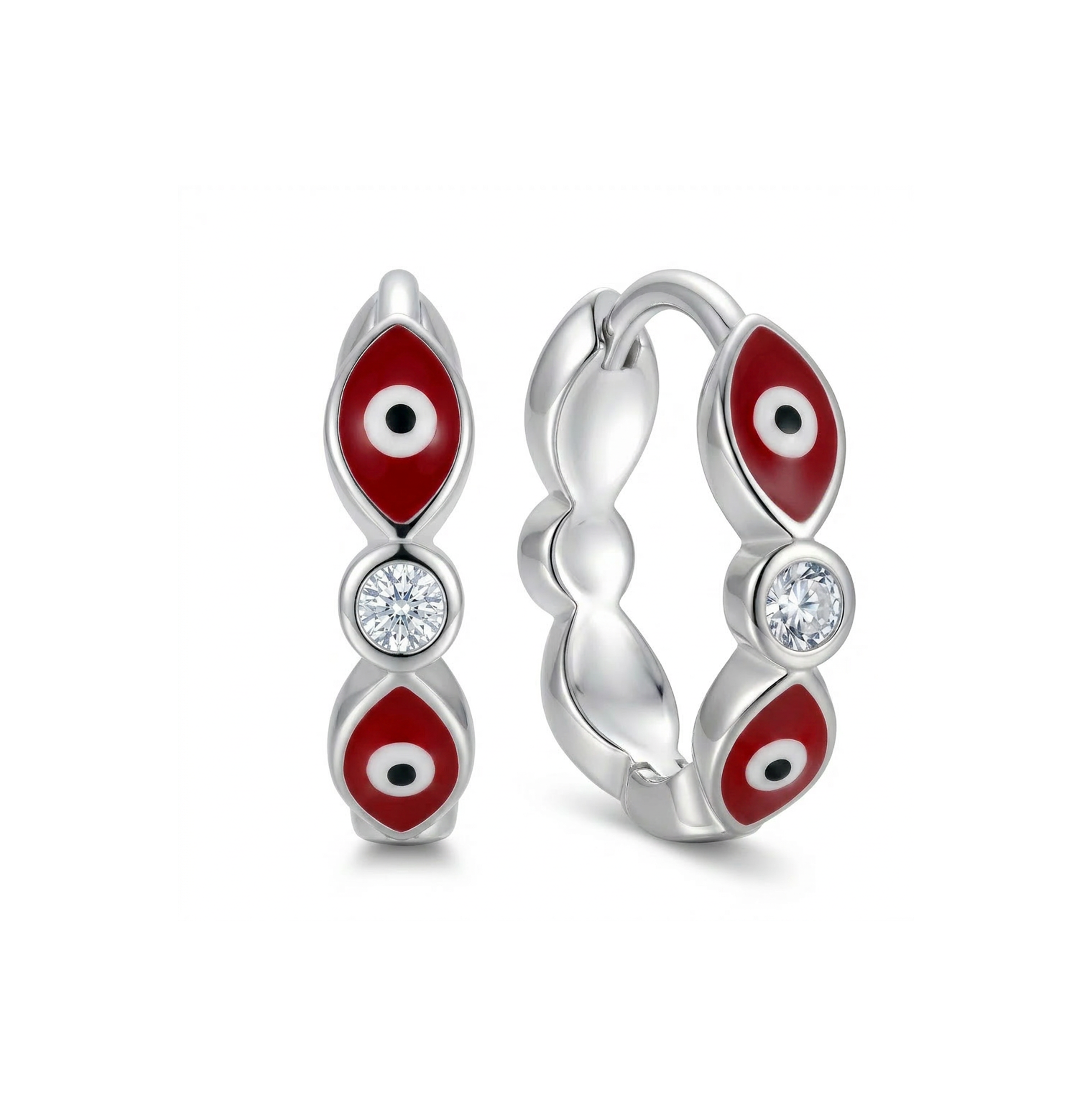 Aretes argolla Nazar Rojo de plata 925 con ojo turco rojo y zircon central